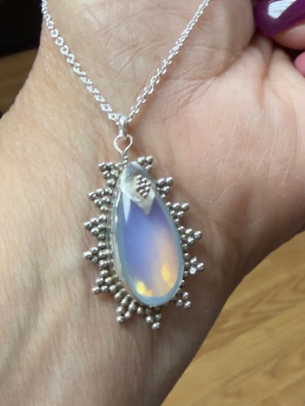 925 Sterling Silver. Opalite Teardrop Pendant Necklace